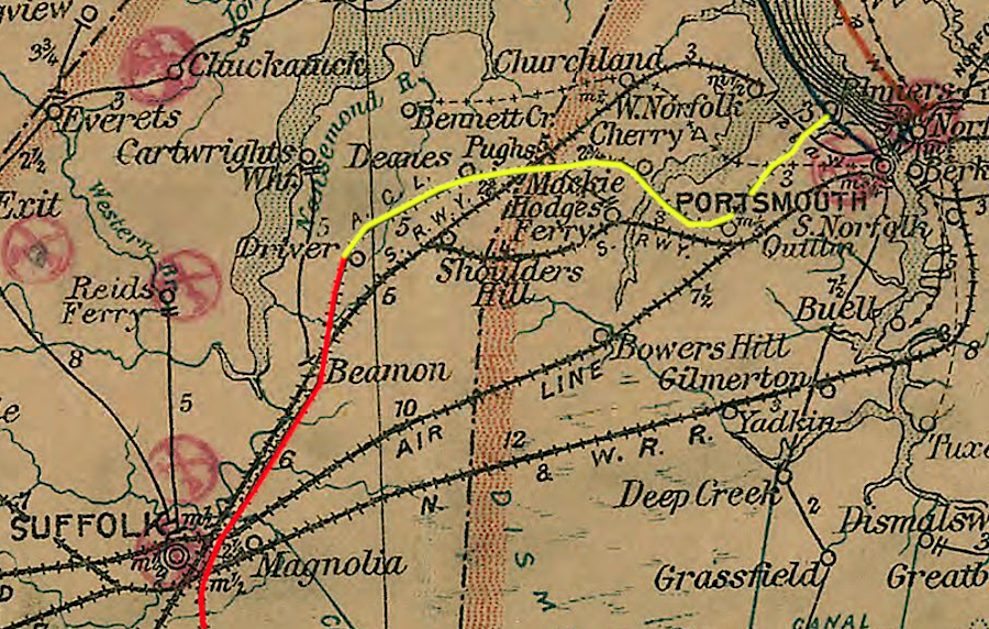 the Norfolk & Carolina Railroad (and later the Atlantic Coast Line) used the route of the Western Branch Railway from Drivers to Pinners Point (yellow)