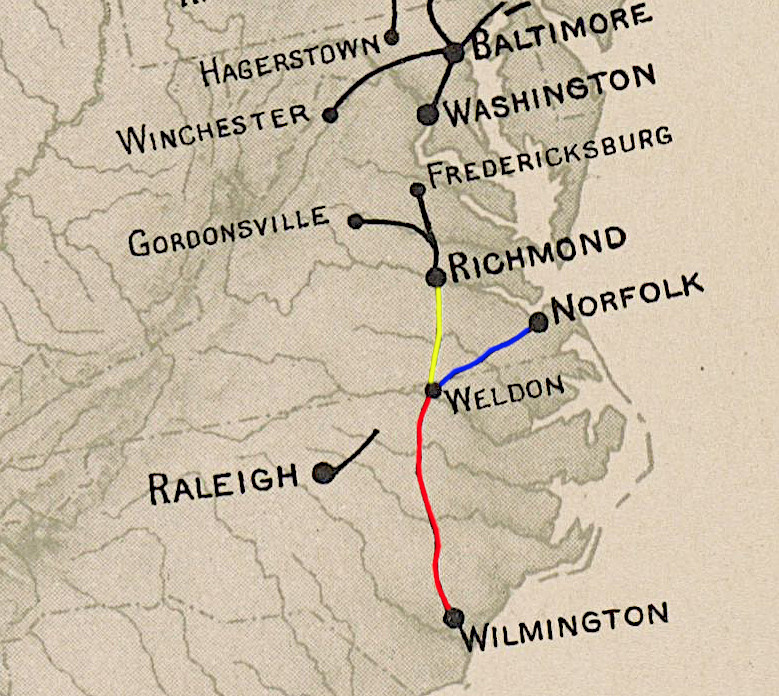the Petersburg Railroad (yellow) reached Weldon in 1833, the Portsmouth and Roanoke Railroad (blue) in 1836, and the Wilmington and Raleigh Railroad (red) in 1841