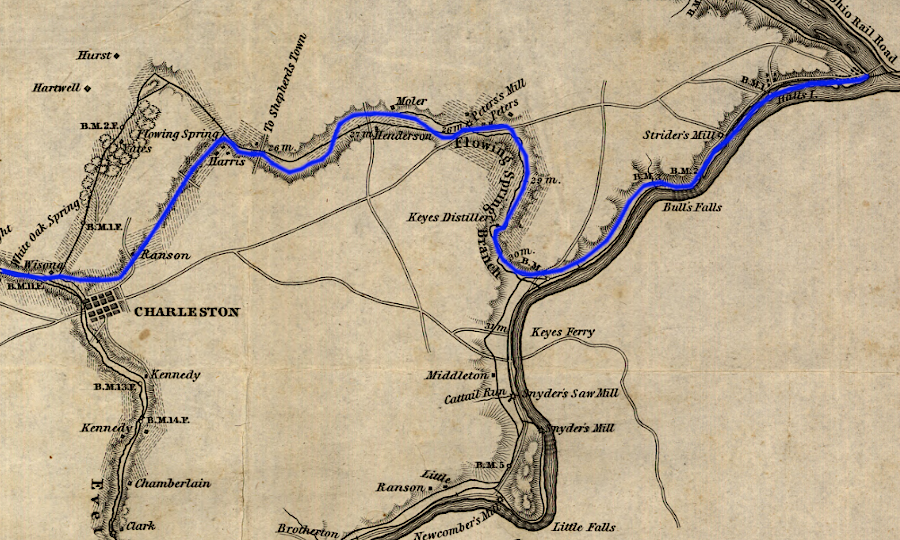 the Charlestown or Middle Route (blue line) chosen by the Winchester and Potomac Railroad minimized elevaton changes
