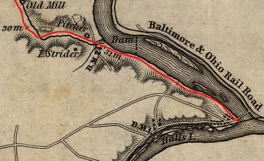 the Western Route (red line) surveyed for the Winchester and Potomac Railroad was ultimately used by the Baltimore and Ohio Railroad