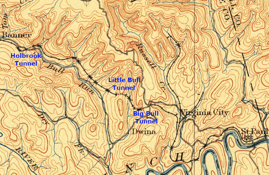 west of St. Paul, the Norfolk and Western Railway carved multiple tunnels in Wise County to cross the Clinch River/Guest River watershed divide
