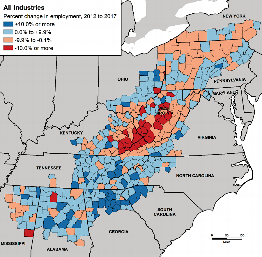 the steady decline of jobs in the center of Appalachia affected the social fabric