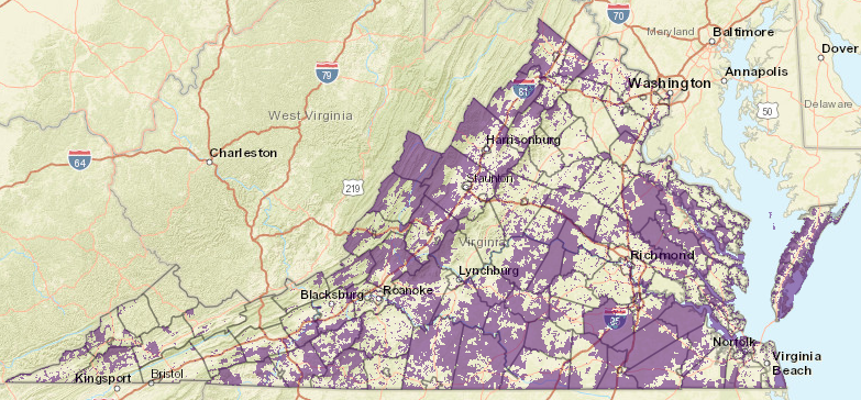 locations in Virginia with no residential broadband service in 2017