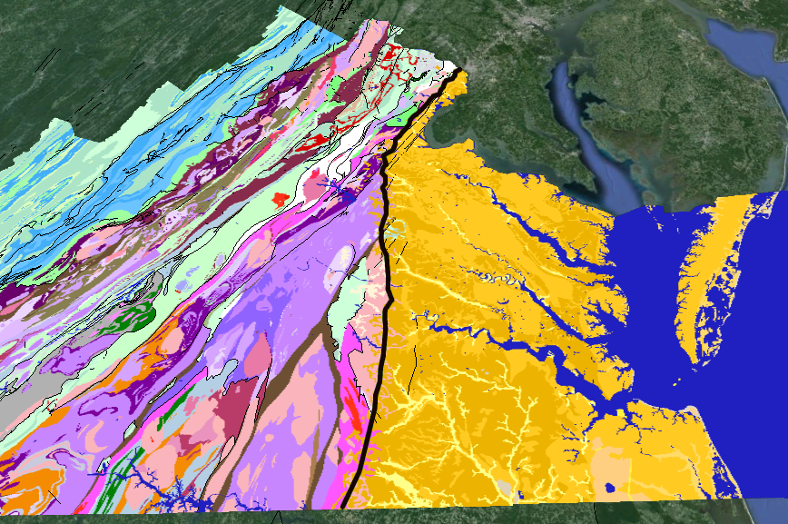 the Fall Line zone (black line) separates the Coastal Plain of eastern Virginia (yellow) from the hard bedrock of the Piedmont