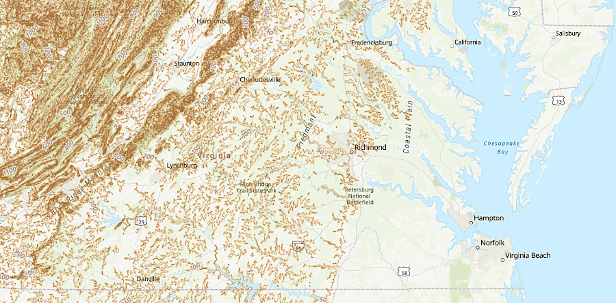 the Coastal Plain has far less topographic relief that the rest of Virginia west of the Fall Line
