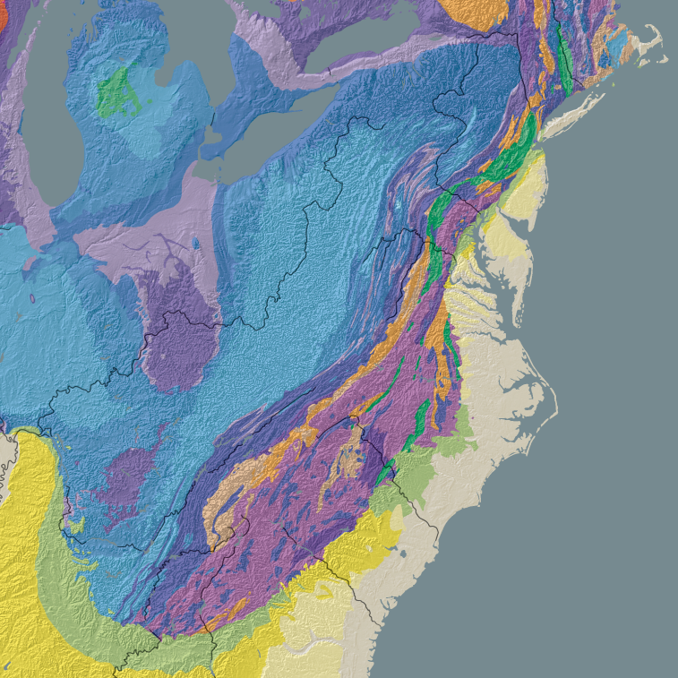 the Coastal Plain (light tan) is located on the eastern edge of the North American continent