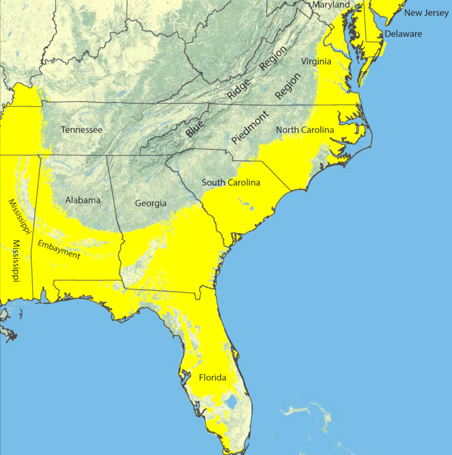 Coastal Plain sediments (yellow) were deposited across the Southeast when sea level were higher