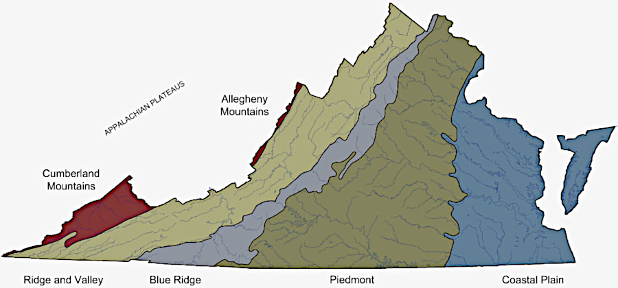 the Virginia Natural Heritage Program defines five physiographic boundaries based on elevation, relief, geomorphology, and lithology