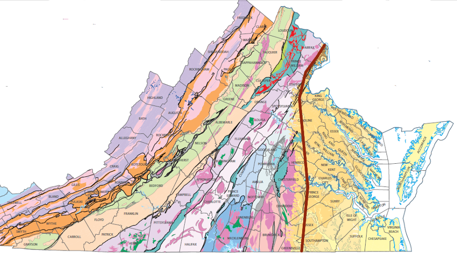 when the English arrived in 1607, the natural geologic boundary of the Fall Line created millions of years ago (shown as brown line) was also a cultural boundary between Algonquian-speaking and Siouan-speaking tribes