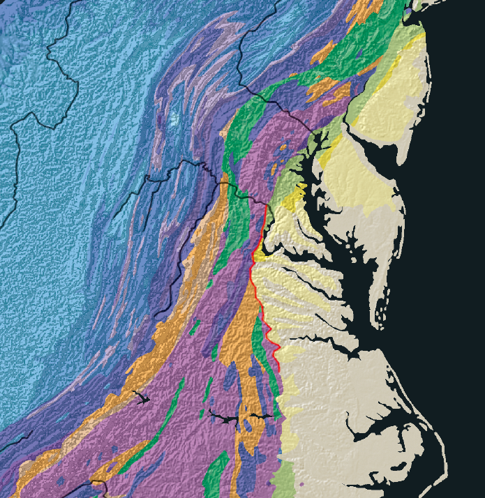 Fall Line (red line) separates the Coastal Plain from the Piedmont, essentially the route of modern I-95 in Virginia