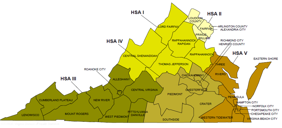 the boundaries of the five Health Service Areas defined where the Virginia Pharmacy Board would approve permits for five cannabidoil processing facilities in 2018