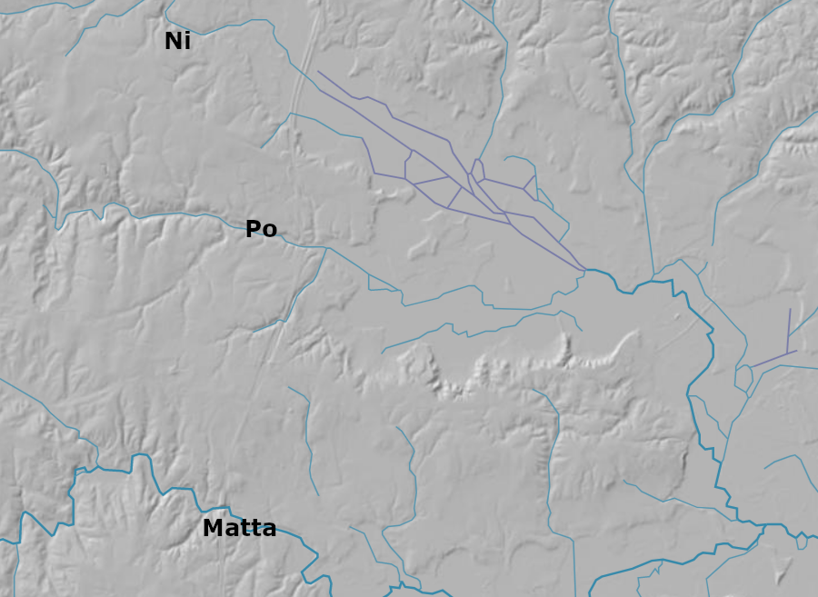 the gradual elevation changes of the Matta, Po, and Ni rivers do not reveal an obvious Fall Line