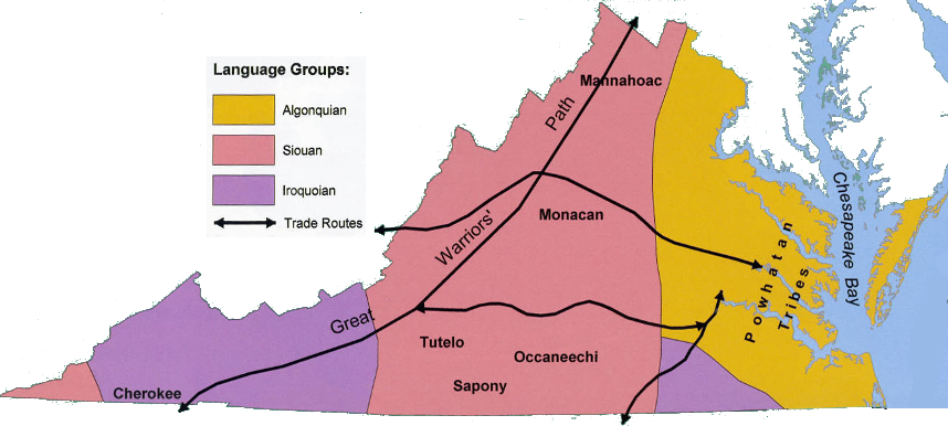 location of different language groups in Virginia, 400 years ago at the time of European contact