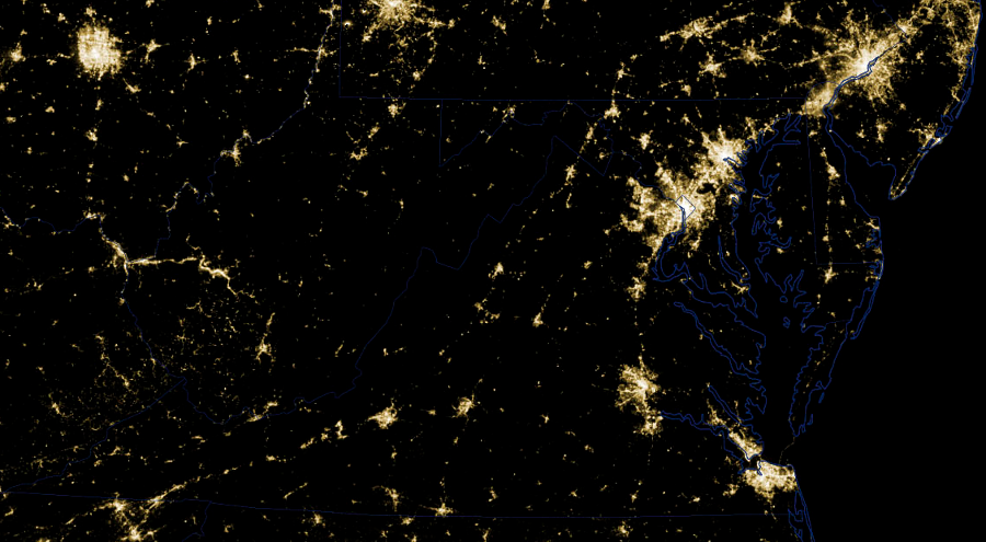 urbanized areas of Virginia with relatively-dense development can be identified by looking at the pattern of lights at night