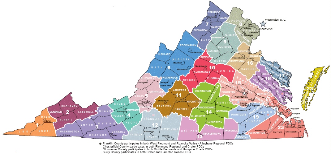 boundaries of Planning Districts in Virginia