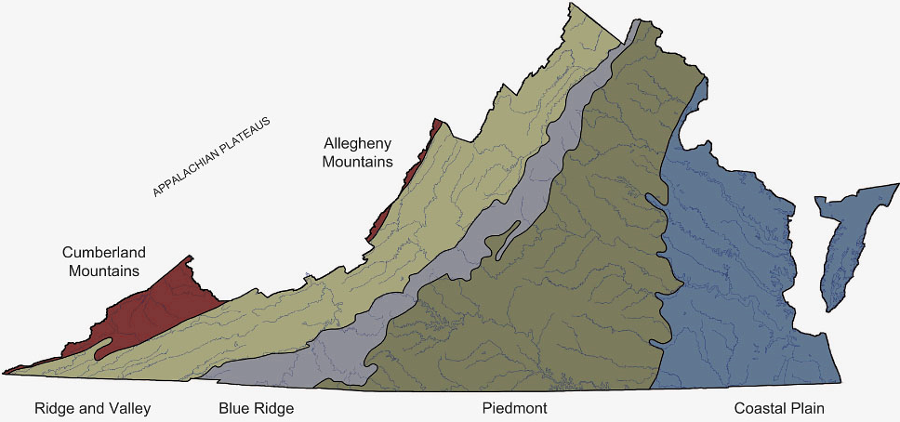 Virginia's physiographic regions, from the Coastal Plain on the east to the Appalachian Plateau on the west