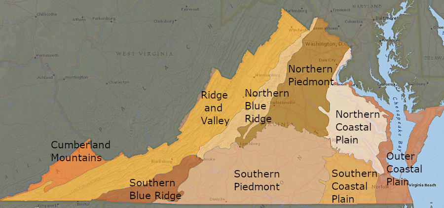 Virginia's physiographic regions, divided into more-specific categories