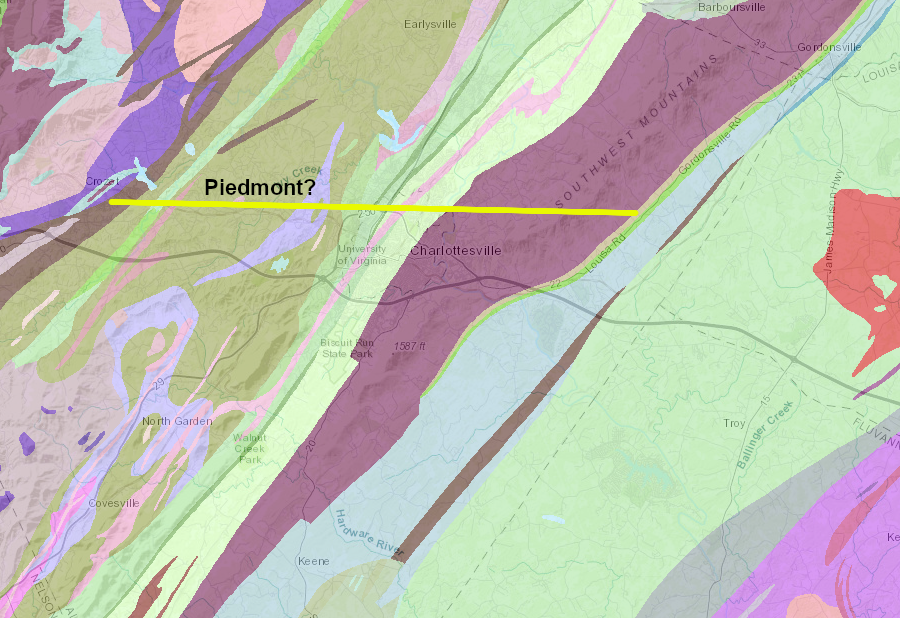 between the base of the Blue Ridge and Route 29, bedrock is associated with the Blue Ridge but topographic relief is similar to the Piedmont further east