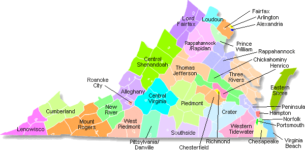 the Virginia Department of Health's Piedmont Health District is located south of the James River and east of Lynchburg