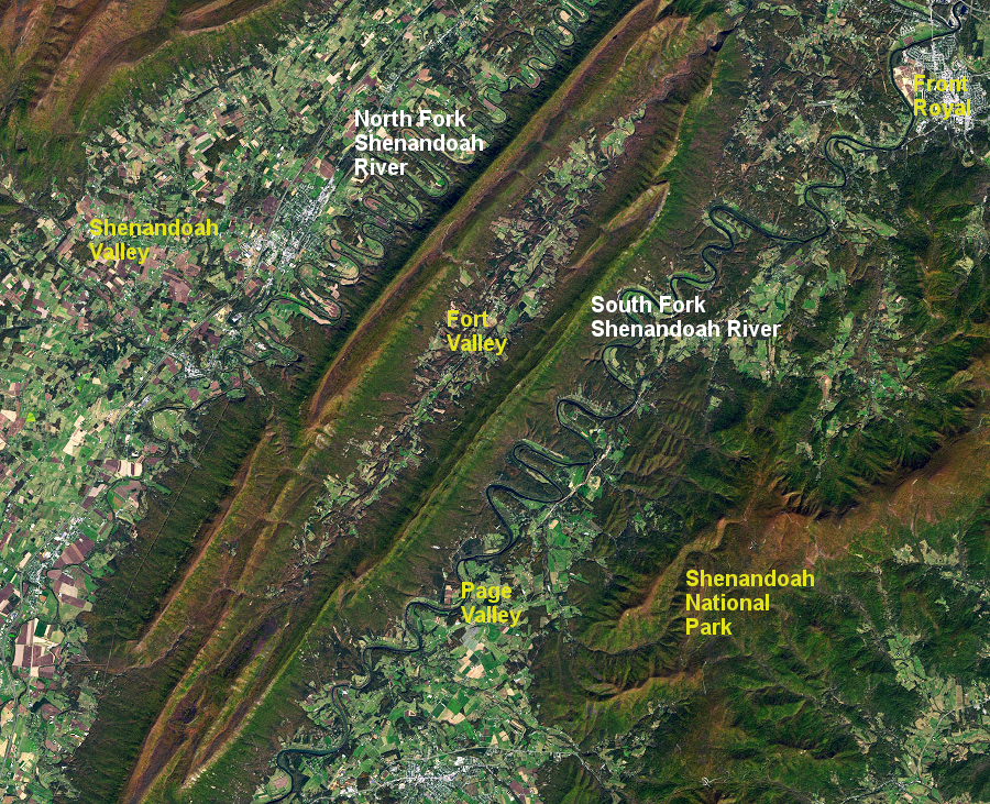 the two forks of the Shenandoah River flow north, divided by the two limbs of Massanutten Mountain (with Fort Valley between them) until the forks unite at Front Royal and the main stem joins the Potomac River at Harpers Ferry