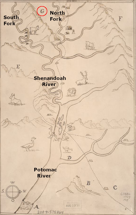 Franz Louis Michel was the first to map the Shenandoah Valley up (south) to near modern Edinburg (G=Massanutten Mountain)