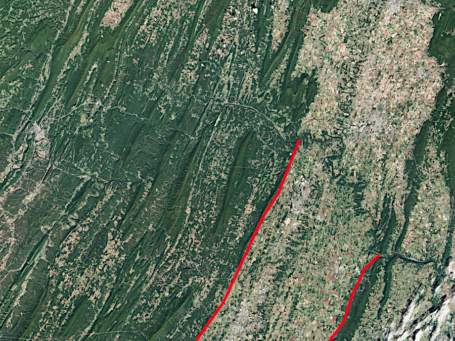 the Shenandoah Valley in Virginia (bounded by red line) is part of the Valley and Ridge physiographic province