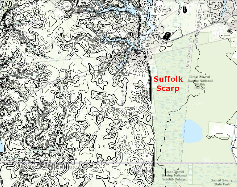 the Suffolk Scarp is just west of Dismal Swamp