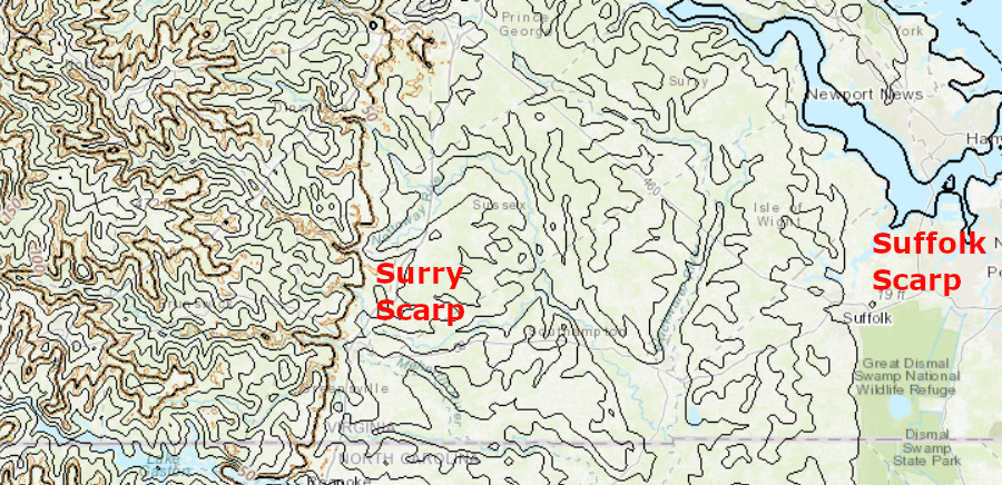 the Surry Scarp is west of the Suffolk Scarp, separated by the Isle of Wight Plain