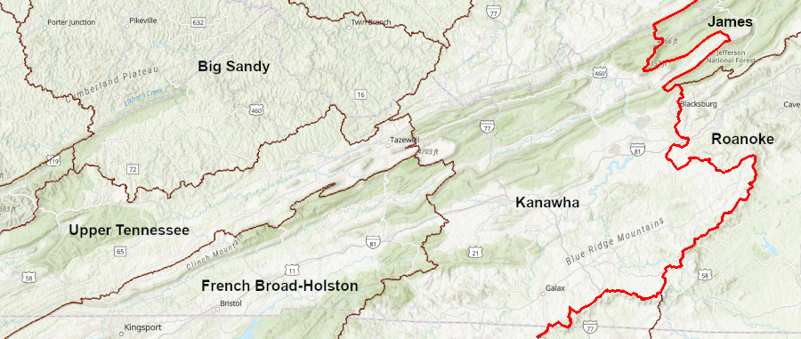 if Southwest Virginia was defined by watersheds and the Eastern Continental Divide (red line), the eastern portion of Montgomery County and the City of Roanoke would be excluded from the region