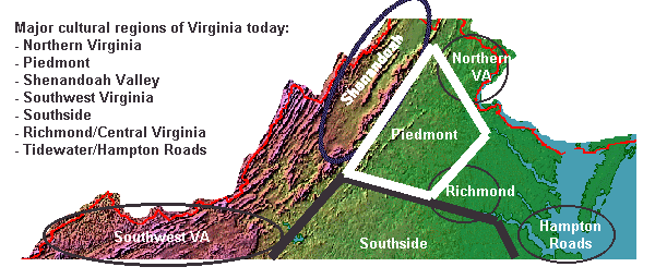 there are multiple interpretations of distinctive cultural regions of Virginia, with inconsistent terms and boundaries