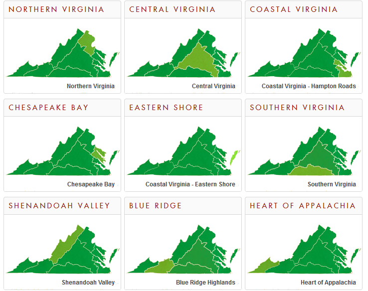 the state tourism agency defines nine regions of Virginia