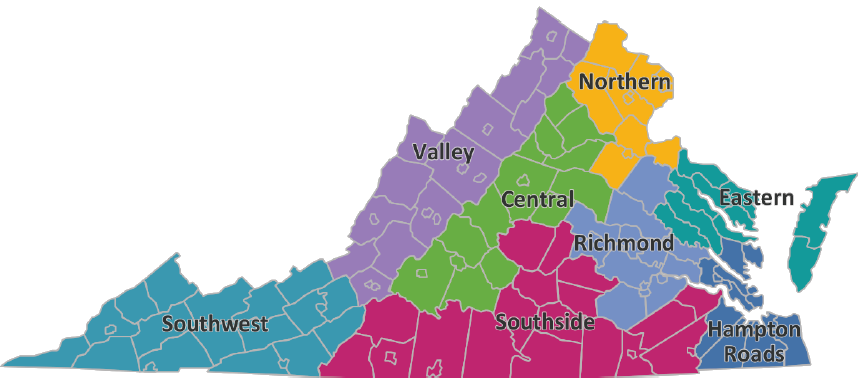 regions of Virginia previously defined by Weldon Cooper Center at University of Virginia