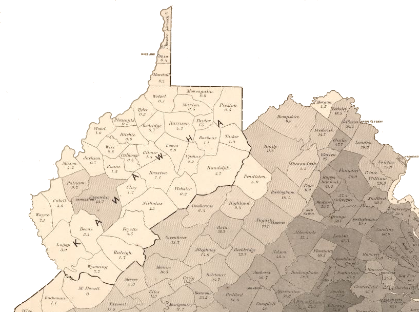 the percentage of population held in slavery was lower in the 39 original counties proposed for the State of Kanawha - though McDowell County was excluded