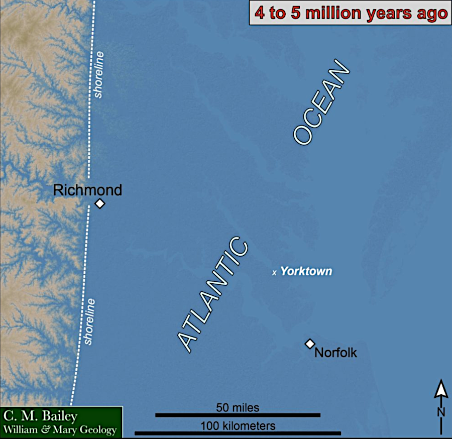 the Yorktown Formation was deposited when sea levels were higher in the Pliocene epoch, 4-5 million years ago