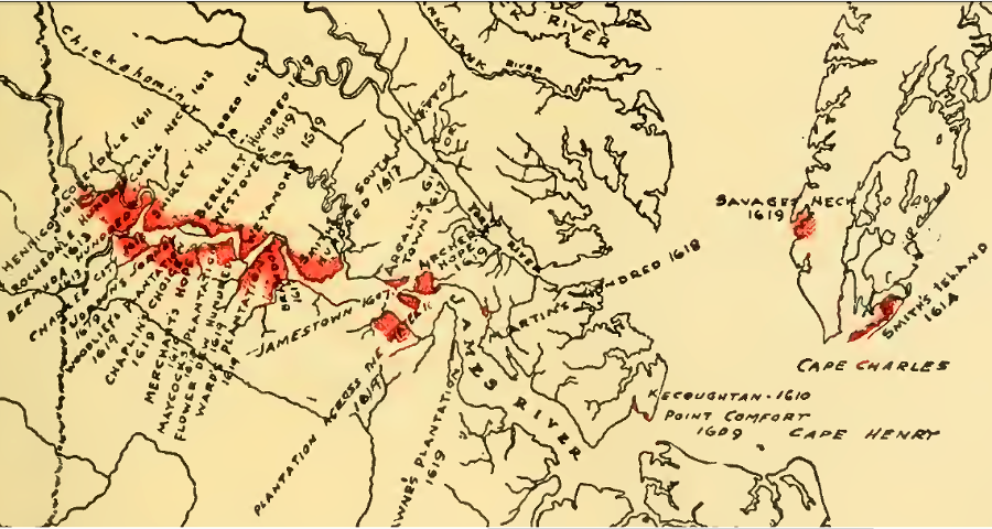 by 1619, colonists occupied lands along the James River and on the Eastern Shore