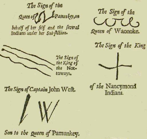 marks of Native American leaders who signed the Treaty of Middle Plantation in 1677