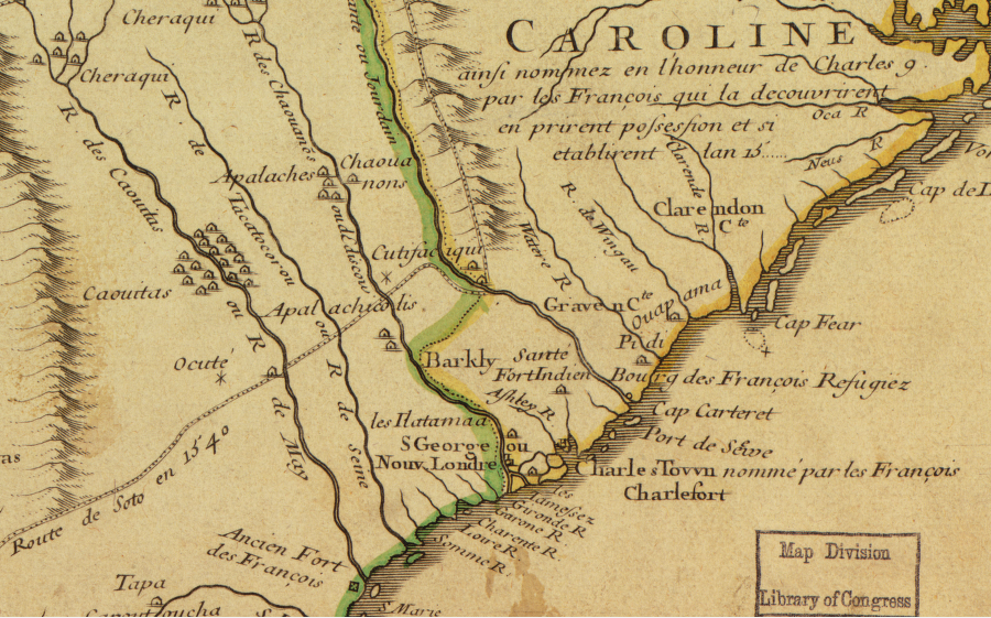 in 1718 French cartographer Guillaume De L'Isle highlighted the 1562 French settlement of Charlefort on the Carolina coastline, though Charles Town was named in 1670 by the English settlers to honor King Charles II of England rather than King Charles IX of France