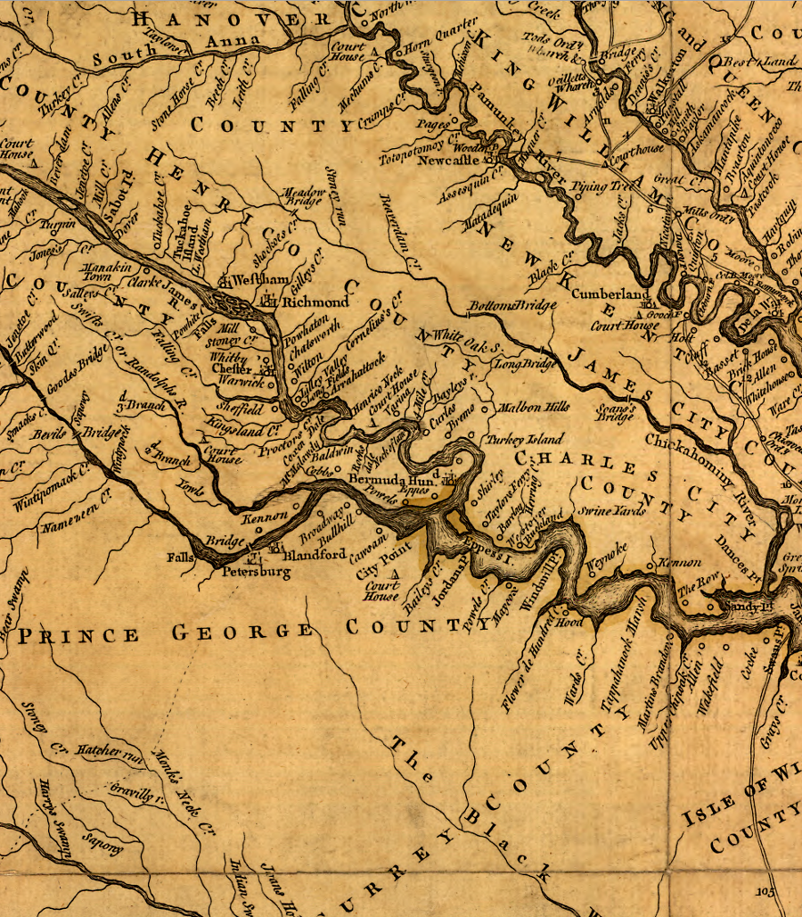 the 1755 Fry-Jefferson map of Virginia shows the relative lack of development south of the James/Appomattox rivers, in the watersheds of the Blackwater and Nottoway rivers that did not flow to the Chesapeake Bay