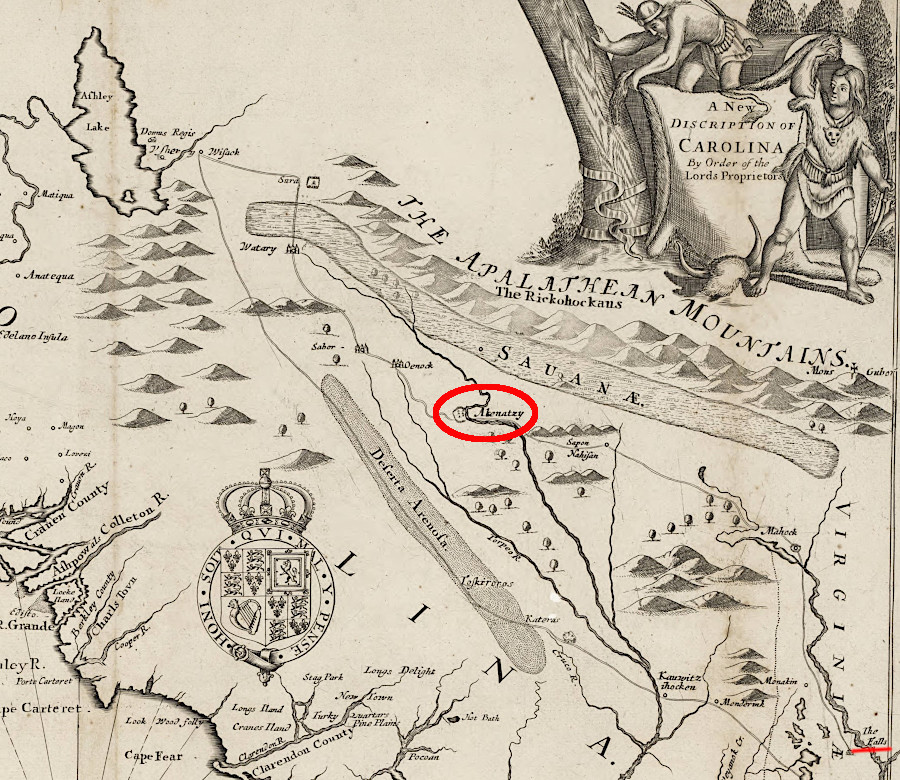 Lederer traveled from the falls of the James River to Akenatzy, perhaps 150-200 miles, between May 20-June 12, 1670  (NOTE: North is to the right)