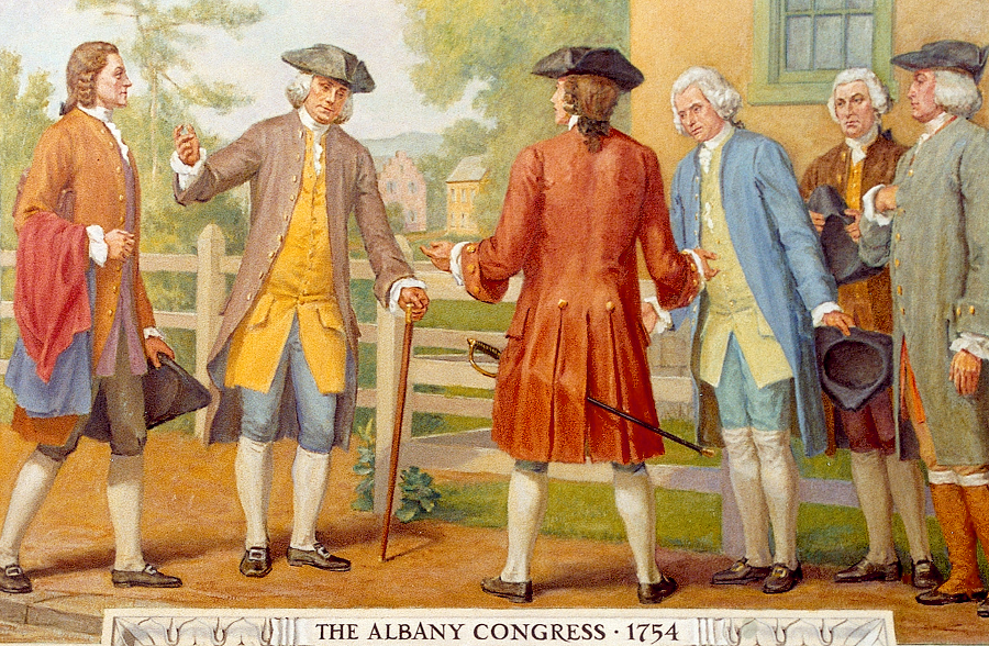 in 1754 Benjamin Franklin (second from left, leaning on cane) discussed the Plan of Albany uniting the colonies with his son William Franklin from New Jersey (far left) and others, including the men on his right -  Governor Thomas Hutchinson (Massachusetts), Governor William Delancey (New York), Sir William Johnson (Massachusetts), Colonel Benjamin Tasker (Maryland)