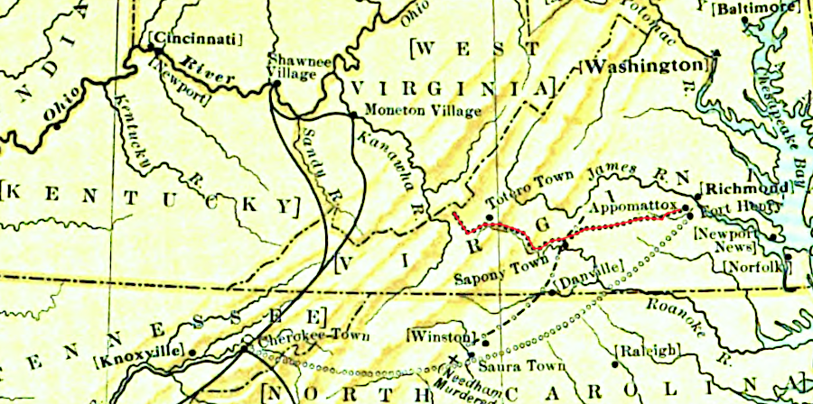 one possible route of Batte and Hallom, stopping short of climbing over East River Mountain into modern West Virginia