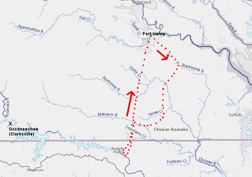 the most likely route taken by Edward Bland and Abraham Wood's 1750 expedition from Fort Henry to the Roanoke River was via the Blackwater River initially, and did not follow the Occaneechee Path to the existing trading center near modern-day Clarksville (as determined by Alan V. Briceland)
