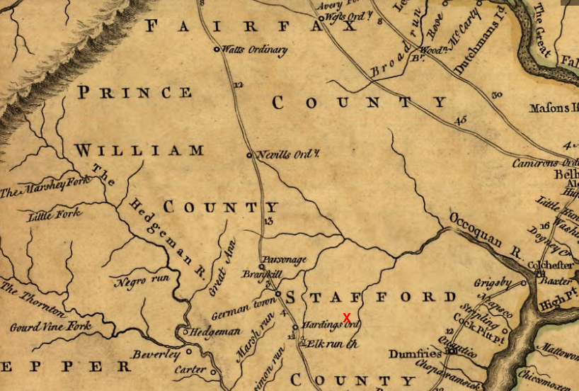 King James II made the Brent Town Grant soon after the Iroquois agreed to keep at the Foot of the Mountains, and the location of the block house constructed near Dorrell's Run to protect settlers from possible raids (red X) indicates how little of the Piedmont was controlled by the colonists