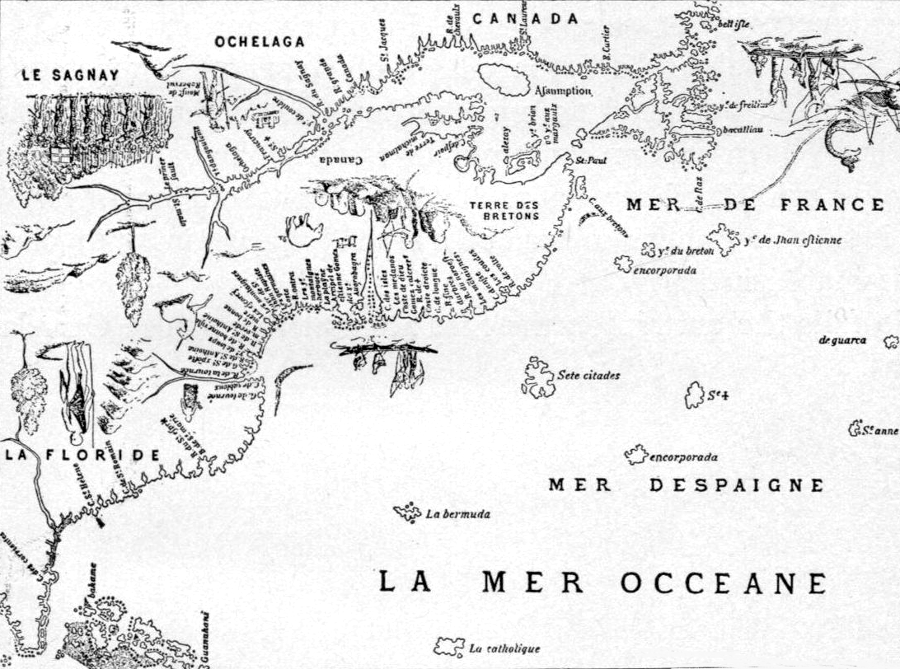 maps documenting early French exploration treated the southeastern corner of the North American continent as Spanish territory (La Floride), but asserted French claims to the St. Lawrence River valley