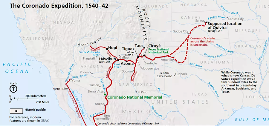 after Native Americans successfully forced the Coronado expedition to abandon its search for the Seven Cities of Cíbola in the Southwest, the Spanish did not start to settle north of the Rio Grande for 65 years