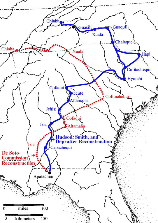 possible paths of Hernando de Soto expedition through the Southeast, 1539-40 (archeological evidence now supports the blue section through central North Carolina)
