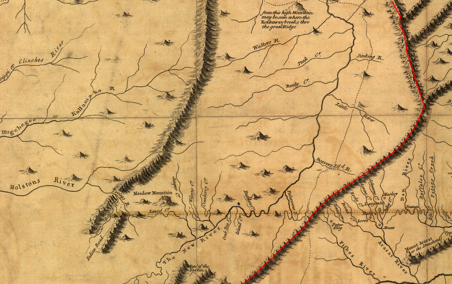 settlers already living in the New River Valley were supposed to move east of the Blue Ridge (red line), according to the Proclamation of 1763