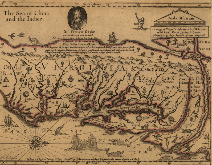 the map produced by John Farrer in 1651 placed the James and Rappahannock rivers at the center - settlement of the Roanoke and Potomac watersheds came later