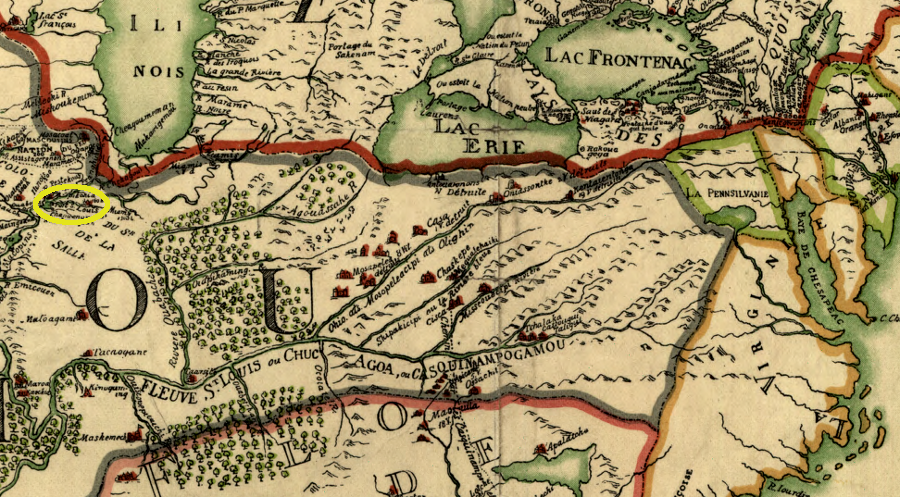 the French repelled Seneca attacks on Fort St. Louis (yellow ellipse) on the Illinois River, but in recognition of Iroquois power Governor Howard minimized his demands in 1684 in exchange for promises to travel/hunt through the western Piedmont, away from the colonial tobacco quarters and farms being settled west of the Fall Line