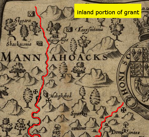 inland portion of area that was granted, showing how poorly-understood it was in 1649